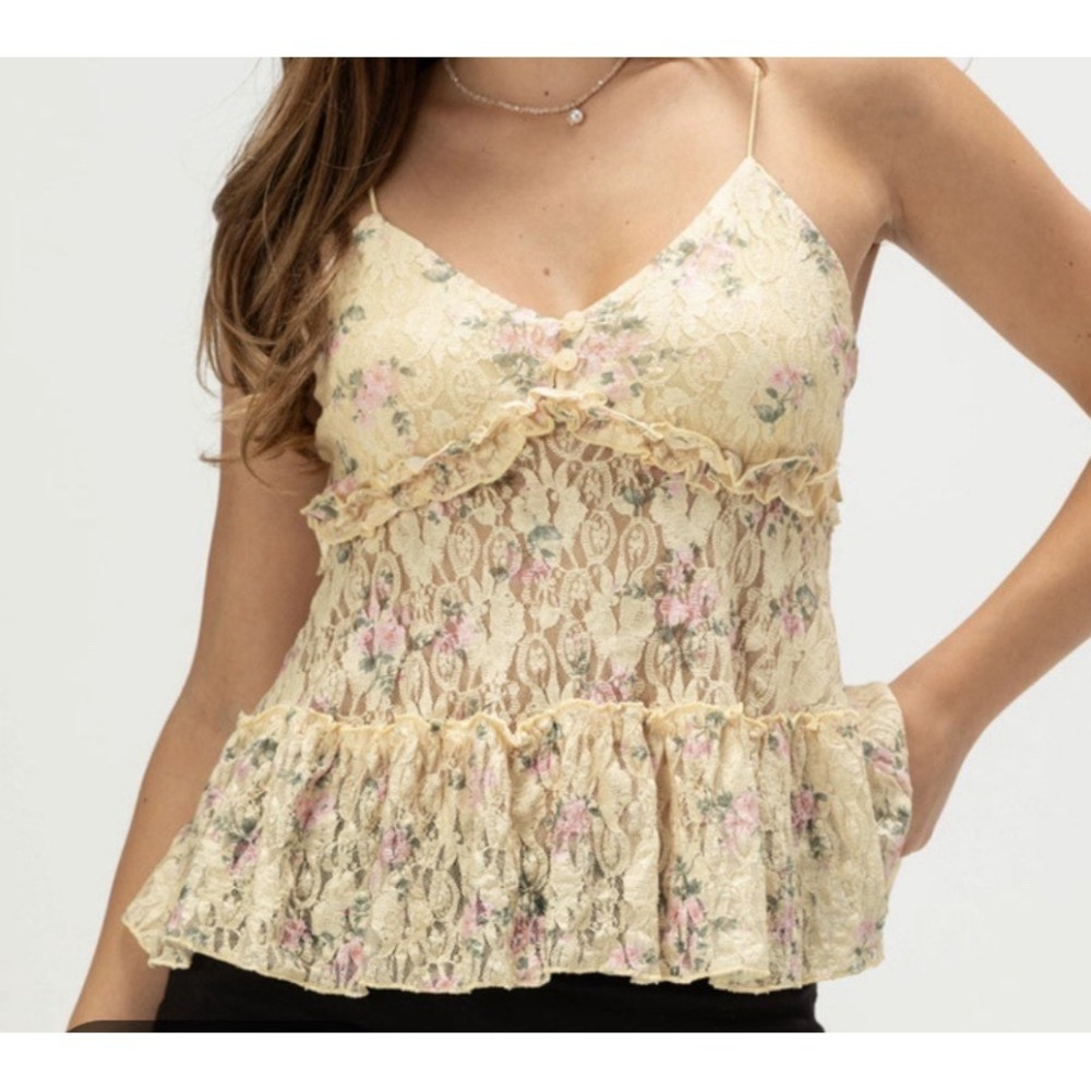 Madden Girl Womens Sz Large Babydoll Top Lace Yellow Floral Camisole Festival